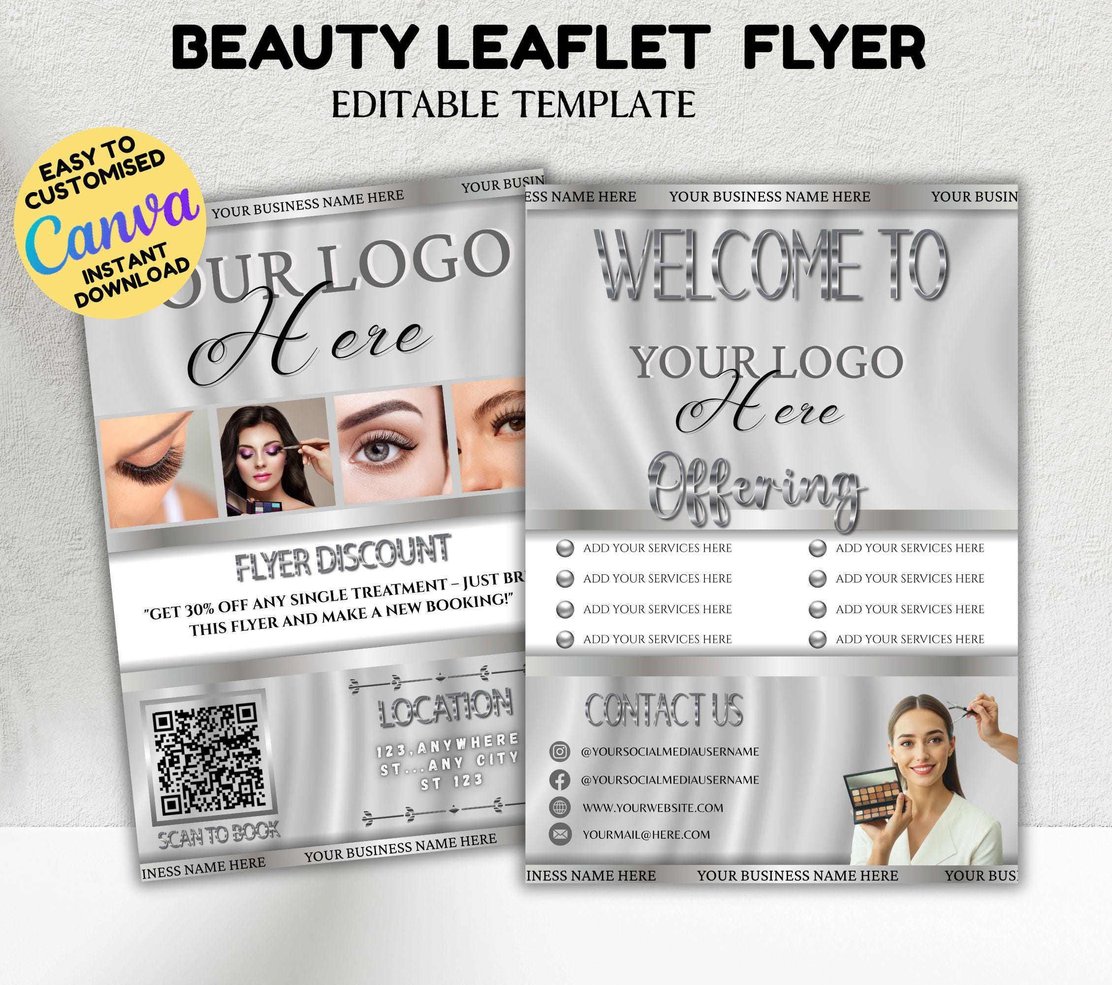 Plantilla de folleto de belleza editable para dueños de negocios, volante para salón de maquillaje, uñas y cabello gris plateado, diseño de volante para esteticista.