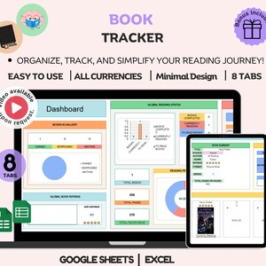 Book Tracker & Reading Tracker, Book Tracker Google Sheets, Excel Reading Tracker, Book Review Spreadsheet Template, Reading Journal Digital