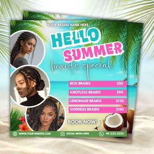 Summer Braid Sale Flyer Template, Summer Sale Flyer, Braid Prices Flyer, Braids Sale Flyer, Hair Flyer, Lashes Flyer, Braids Special Flyer