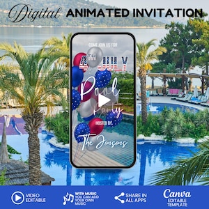 Digital July 4th Pool Party Invitation, Animated Independence Day Friends Family eVite, Editable Summer Backyard Invite, 4th of July Invite