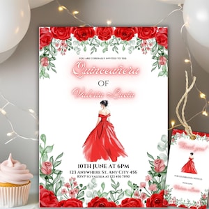 Editable Quinceañera Invitation Template, Red Floral Quince Invite,  Mis XV Quince Años, Sweet 16th Birthday, Quinceañera Crown thank you