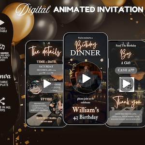 Luxury Black and Gold Birthday Dinner Invitation Video Template, Animated glam Birthday invitation, dinner party, birthday itinerary evite