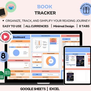Book Tracker & Reading List Planner Google Sheets, Excel Reading Tracker Book Review Spreadsheet Template Book Journal Gift for Book Love