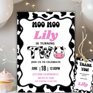Editable Holy Cow Moo Moo Birthday Invitation, Holy Cow Invitation, Pink Cowgirl Invitation, 2nd Birthday Invitation, Farm Birthday Party