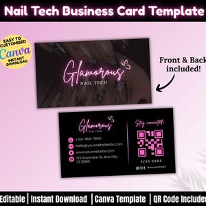 Nail Tech Visitenkarte Vorlage QR Code, DIY Nail Art Visitenkarte, Nails IG Code Business Canva Vorlage, Modernes & Stilvolles Desig