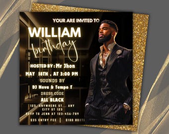Black & Gold Birthday Invitation Template, Digital Party Flyer Invitation,  Editable Men&#39;s Birthday Flyer Invite,  Birthday Flyer,Club Flyer