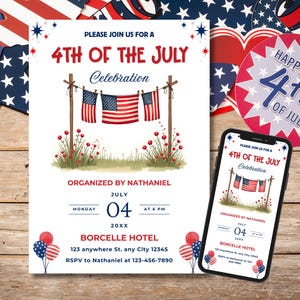 4th of July Party Invitation, Independence Day Celebration, Fireworks, American Flag Invite, Red, White, Blue, Patriotic Invite, USA Holida