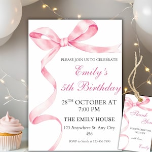 Pink Bow Birthday Invitation Template, Editable Girls Birthday Invite, Pink Ribbon Invite, Pink Coquette Bow Invites, Cute Coquette Birthday