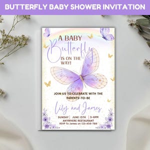 Modèle d'Invitation de baby shower papillon, faire-part de baby shower papillon pour fille, faire-part de baby shower papillon or violet modifiable