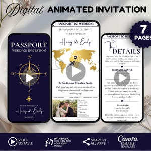Geanimeerde bruiloft paspoortuitnodiging, digitale bestemming bruiloft uitnodiging sjabloon, bruiloft uitnodiging, reisvideo huwelijksuitnodiging