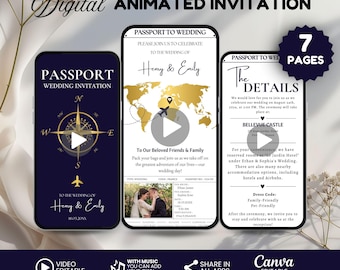 Faire-part de passeport animé de mariage, modèle numérique de faire-part de mariage à destination, faire-part de mariage, faire-part de mariage vidéo de voyage