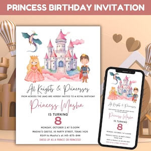 Convite de aniversário de cavaleiros e princesas, cartão de convite para festa de princesa, aniversário de cavaleiros reais, convite para castelo rosa, princesa