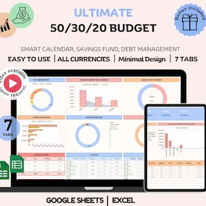 50/30/20 Budget Spreadsheet Excel Google Sheets, Monthly Budget planner, 70/20/10 Budget Template, Weekly Budget Savings and expense Tracker