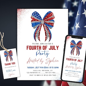 4th of July Bow Glitter Party Invitation, Independence Day Celebration, Fireworks, American Flag Invite, Red, White, Blue, Patriotic Invite