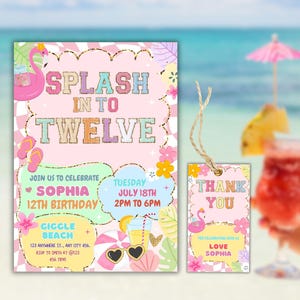 Splash into Twelve Birthday Pool Party Invitation Template Editable Girly Summer Flamingo Swimming Splash Party Invite 12th birthday invite