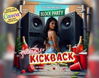 Volante de fiesta Kickback, volante editable de Kickback Club, invitación a fiesta de DJ de club, volante de evento, volante de redes sociales