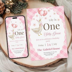 Editable One Silly Goose First Birthday Invitation Template, Pink Gingham Goose Party Invite, Vintage Floral Bow Theme, Girl 1st Birthday