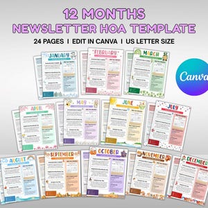 Monthly Newsletter Canva Template, Editable Full Year 2025 Newsletter Set, Community Newsletter, School Newsletter, HOA Monthly Newsletter
