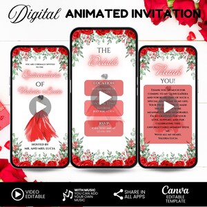Editable Quinceañera Invitation Template, Red Floral Quince Invite,  Mis XV Quince Años, Sweet 16th Birthday, Quinceañera Crown thank yo