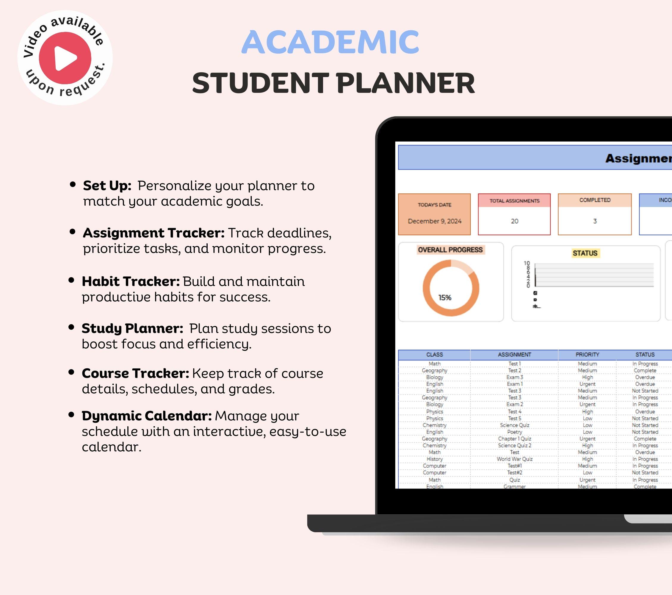 Academic Spreadsheet In Academic Student Planner Spreadsheet, Assignment Tracker Google Sheets ...