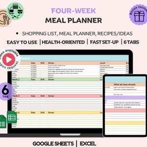 Weekly Meal Planner and Automatic Grocery List, Meal Planner Google Sheets, Calorie Tracker automatic Shopping List, Printable Meal Planner