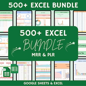 Może przedstawiać: Pakiet produktów cyfrowych z ponad 500 szablonami Excel, wyświetlanych na tabletach. Obraz zawiera tekst "500+ EXCEL BUNDLE" i "GOOGLE SHEETS & EXCEL". Pakiet zawiera szablony do zarządzania długiem, śledzenia celów i inteligentnych kalendarzy.