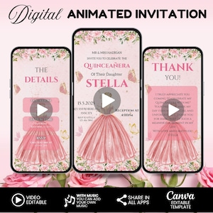 Editable Bkush Pink Quinceañera Invitation Template, Mis Quince Invitation, Quinceanera Invitation, Quinceañera thank you