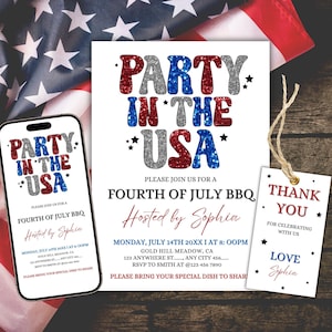 Party In The USA Invite, 4th of July Party Invitation, Independence Day Celebration, American Flag Invite, Red White & Blue Patriotic Invite