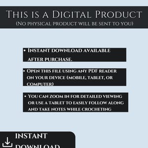Op de afbeelding: Een lichtblauwe grafische afbeelding met informatie over een digitaal product met witte tekst: THIS IS A DIGITAL PRODUCT (NO PHYSICAL PRODUCT WILL BE SENT TO YOU), INSTANT DOWNLOAD AVAILABLE AFTER PURCHASE, OPEN THIS FILE USING ANY PDF READER, EN INSTANT DOWNLOAD.
