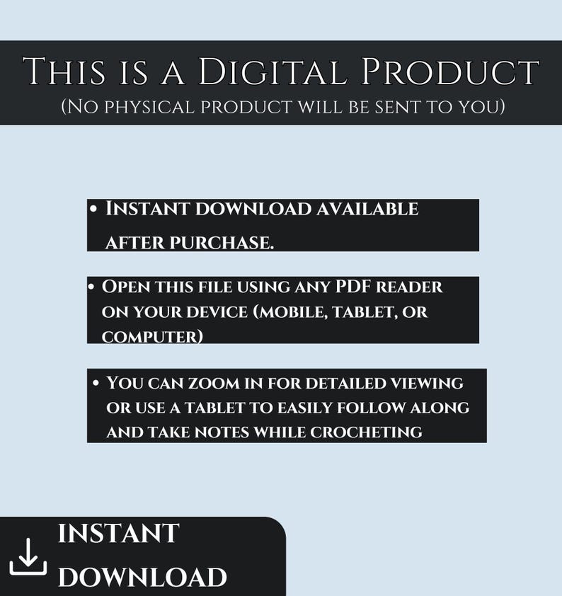 Op de afbeelding: Een lichtblauwe grafische afbeelding met informatie over een digitaal product met witte tekst: THIS IS A DIGITAL PRODUCT (NO PHYSICAL PRODUCT WILL BE SENT TO YOU), INSTANT DOWNLOAD AVAILABLE AFTER PURCHASE, OPEN THIS FILE USING ANY PDF READER, EN INSTANT DOWNLOAD.