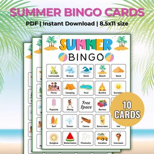Summer Bingo, Summer Bingo Cards, Summer Game, Summer Activity, Kid&#39;s Printable Bingo, Summer Bingo Game for Kids, Summer Vacation Bingo