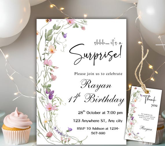 Shhh It's a Surprise Birthday Invitation Template, Wildflower Shhh Surprise Invite, Gold Glitter Party Invite Editable Surprise Party Invite
