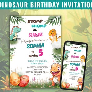 Girl Dinosaur Birthday Invitation Template, Editable Cute Dino Pink & Purple Birthday Party Invite, Digital Jurassic Pink T-rex Instant