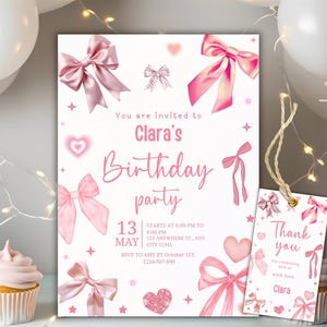 Editable Pink Bow Birthday Invitation Template, Pink Coquette Bow Invites, Girls Birthday Invite, Pink Ribbon Invite, Cute Coquette Birthday