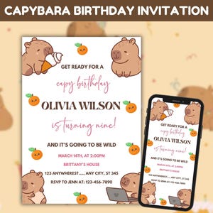 Capybara Birthday Invitation Template, Editable Cute Capy Birthday, Animals Kids Birthday girl Birthday Theme, Pet Lover Birthday Invitation