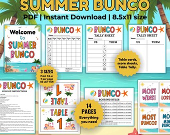 Summer Bunco Printable Party Pack and Scorecards, Bunco Game Rules, Tally Sheet, Summer Party Game, Season Dice Game