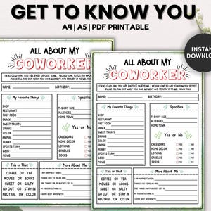 Employee Favorite Things Survey, Getting To Know You Printable, Coworker Questions, All About Me Survey, Get to Know My Team Survey