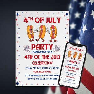 4th of July Party Invitation, Independence Day Celebration, Fireworks, American Flag Invite, Red, White, Blue, Patriotic Invite, USA Holiday