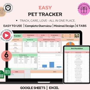 Può includere: Uno schermo di computer che mostra un foglio di calcolo con il titolo "Pet Tracker". Il foglio di calcolo è diviso in schede, tra cui "Tracker", "Contatto di emergenza", "Cure imminenti", "Panoramica delle spese mensili", "Spese del negozio di animali domestici", "Lista di cose da fare" e "Note". Il foglio di calcolo è progettato per aiutare i proprietari di animali domestici a tenere traccia delle cure, delle spese e di altre informazioni importanti sui loro animali domestici. L'immagine include anche uno schermo più piccolo che mostra un foglio di calcolo "Piano e dieta per animali domestici".