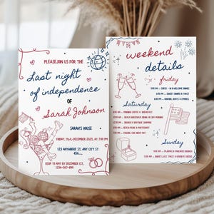 4th of July Bachelorette Weekend Itinerary Template, Independence Day Bach Party Invitation, Last Day of Independence Patriotic Red Blue