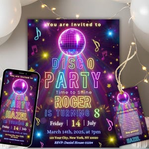 Disco Party Invitation, Editable Neon Glow Disco Dance Party Invitation, Neon Glow Disco Party, Neon Disco Ball Birthday Party Invitation