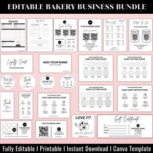 Ensemble de modèles de produits de boulangerie, modifiables, modèle de facture, signe de code QR, bon de commande de gâteaux, liste de prix, agenda quotidien, cartes d'entretien des gâteaux