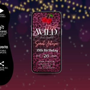 Editable Pink Leopard Birthday Invitation, Animated Neon Red Cherry Girls Night Invite, Jungle Glam Lets get Wild Birthday Party Invite