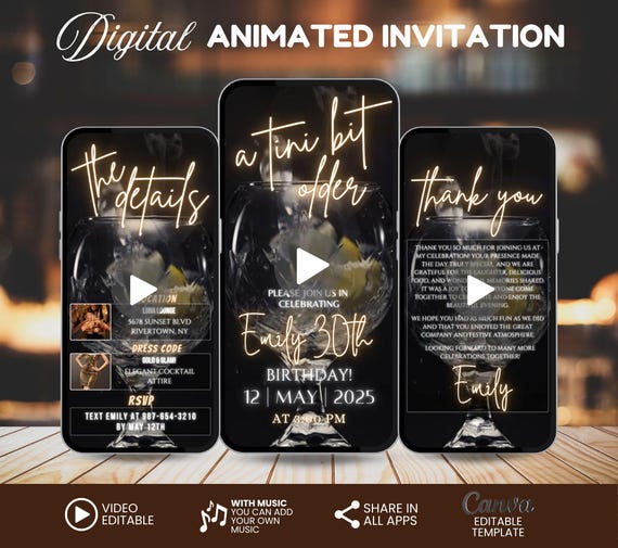 Women Cocktail Birthday Party Digital Invitation Template A Tini Bit Older Invite Animated Martini Party Birthday Dinner Celebration Invite