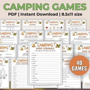 Camping Game Bundle Camping Activities for Kids Camp Party Dad Camping Games Camping Journal Printables Camping Name Sign Fun Campfire Bingo