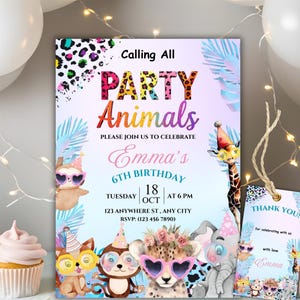 Party Animals Birthday Invitation Template, Editable Pastel Rainbow Cheetah Print Leopard Print Wild Safari Animals Birthday Party Invite