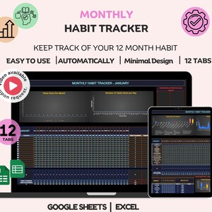 Ultimative Habit Tracker Tabelle Google Sheets Excel Vorlage, Täglicher Habit Planer Ziel Tracker, Wöchentliches Gewohnheitsziel, Monatliche GewohnheitsRoutine