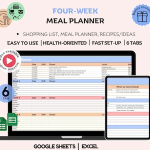 Weekly Meal Planner and Automatic Grocery List, Meal Planner Google Sheets, Calorie Tracker automatic Shopping List, Printable Meal Planner