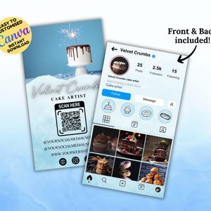 Modelo de cartão de visita editável para padaria no Instagram, cartão com código QR, cartão de visita para Instagram, cartão de visita para confeitaria, cartões para Instagram, negócio de confeitaria