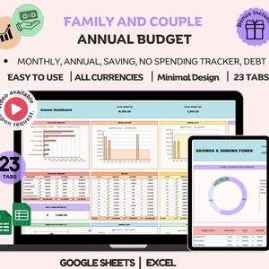 Family Annual Budget Excel Spreadsheet Google Sheets, Monthly Biweekly Budget Tracker Couple Financial Planner, Debt Tracker and Calendar